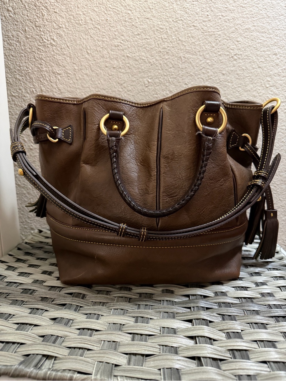 Dooney & Bourke Florentine Buckley Brown Leather Drawstring Satchel with Tassels - Picture 6 of 16